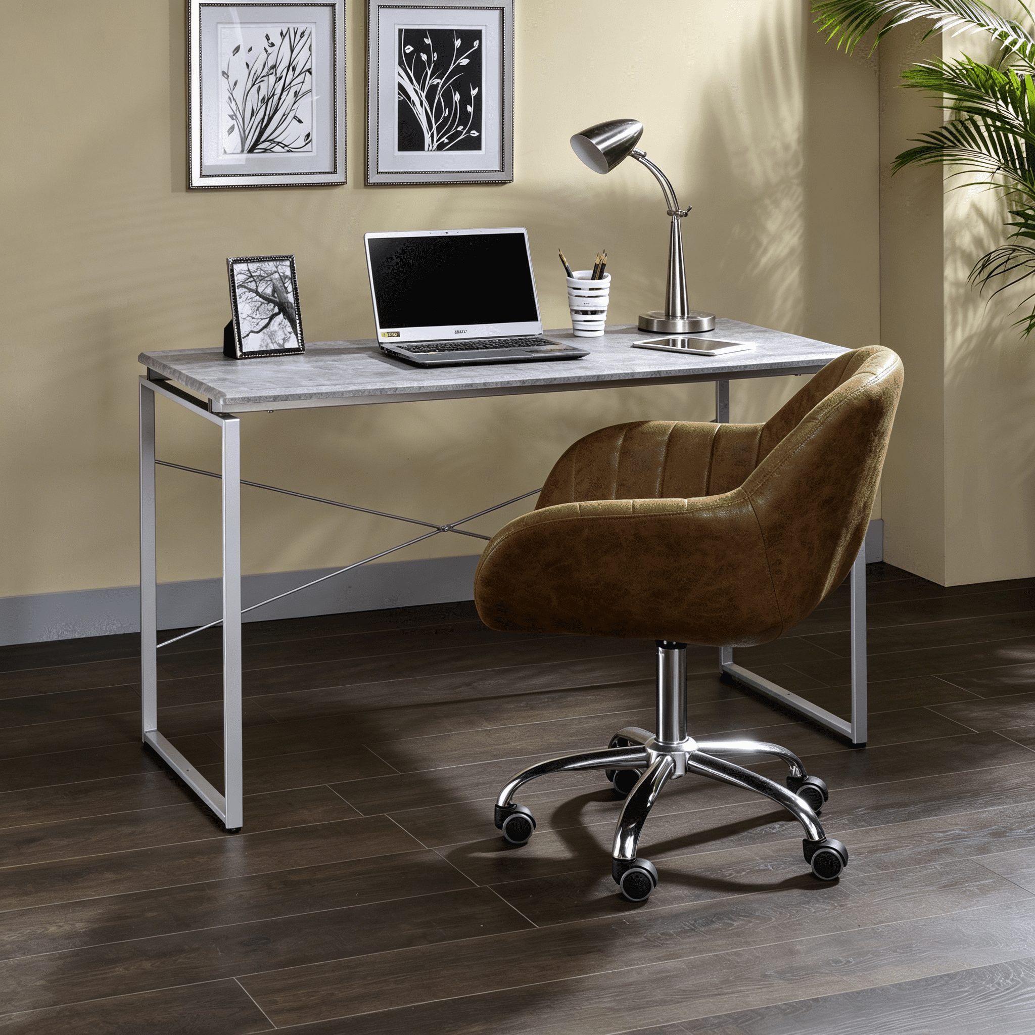 Astoutdoor Metal Frame Writing Desk with Faux Concrete and Silver Finish, Home Office Laptop Table