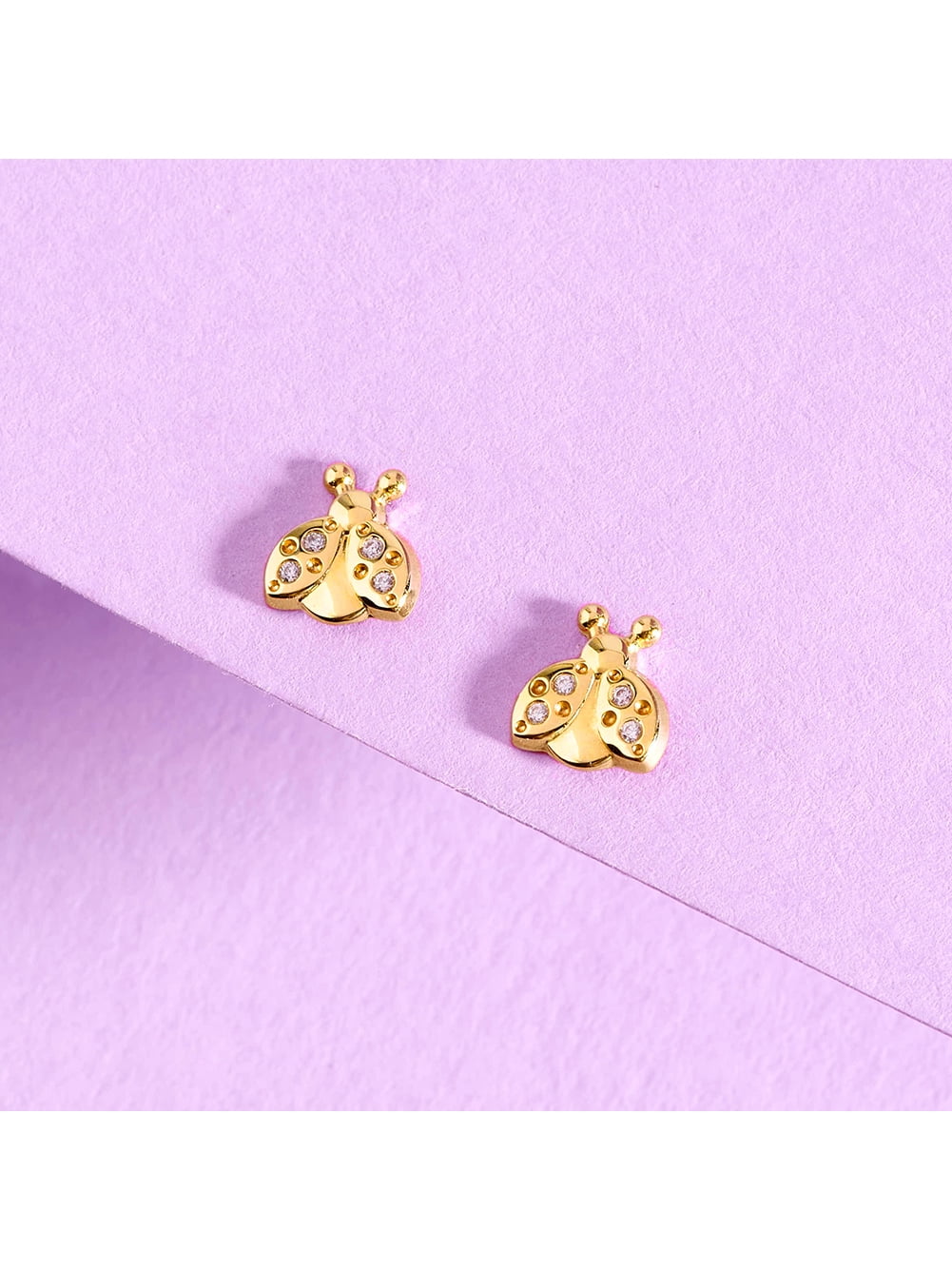 14k Gold Ladybug Clear CZ Kids / Children's / Girls Earrings Safety Screw Back