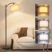 OUTON 63 Arc Floor Lamp for Living Room, Modern Standing Lamp with Hanging Linen Shade, Metal Floor Lamp with 3 Color Temperatures LED Bulb for Bedroom(Black)