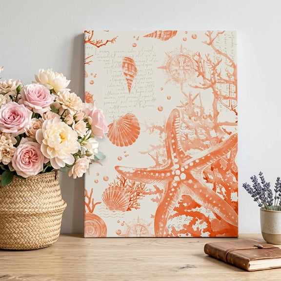 Canvas Wall Art Vintage Starfish Canvas Art Print Coral Seahorse Shell Pictures Wall Decor for Living Room Bedroom Artwork Decorations Stretched Framed Ready to Hang 16"x20"