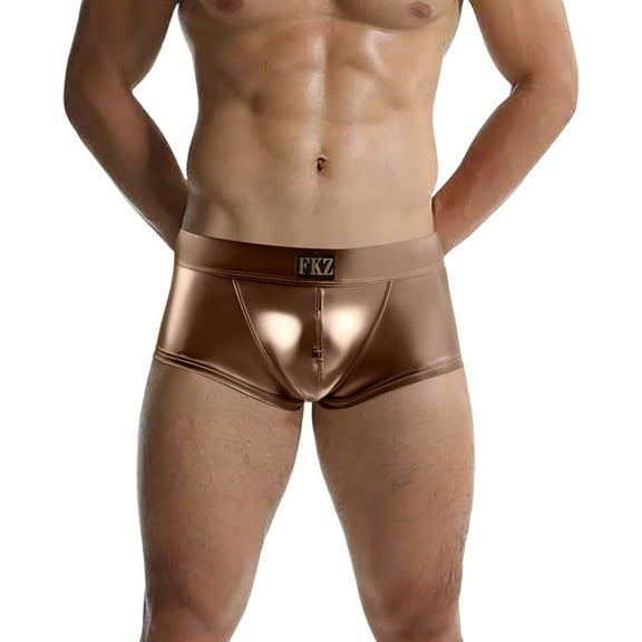 KHONTS Men's Shiny Liquid Metallic Underwear Bikini Swimsuit Boxer Brief Trunks Coffee L