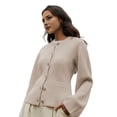 thumbnail image 5 of Women Sweater Coat Round Neck Long Sleeve Single Breasted Knitting Tops Solid Color Slim Fit Ribbed Trim Knitwear with Pockets, 5 of 8