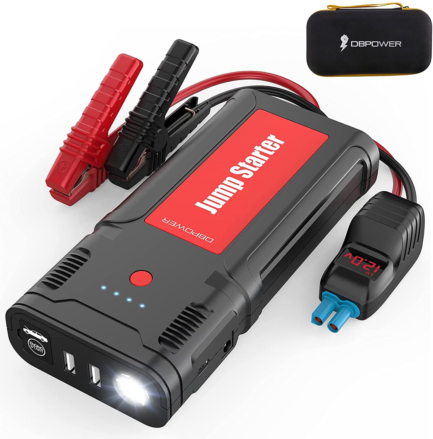 Up to 8.0L Gasoline/6.5L Diesel Engine Car Jump Starter 1500A Peak Trekpow 12V Auto Battery Booster Box Type-C Port Portable Power Pack Quick-Charge LED Light with Smart Jumper Cable 