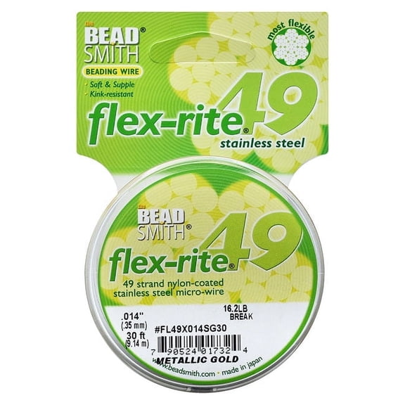 The Beadsmith Flex-Rite Beading Wire - 49-Strand Nylon-Coated Stainless-Steel Wire, 0.014" (0.35 mm) Dia, Metallic Gold, 30 ft Spool, Durable Necklace & Bracelet String, for Jewelry Making Supplies