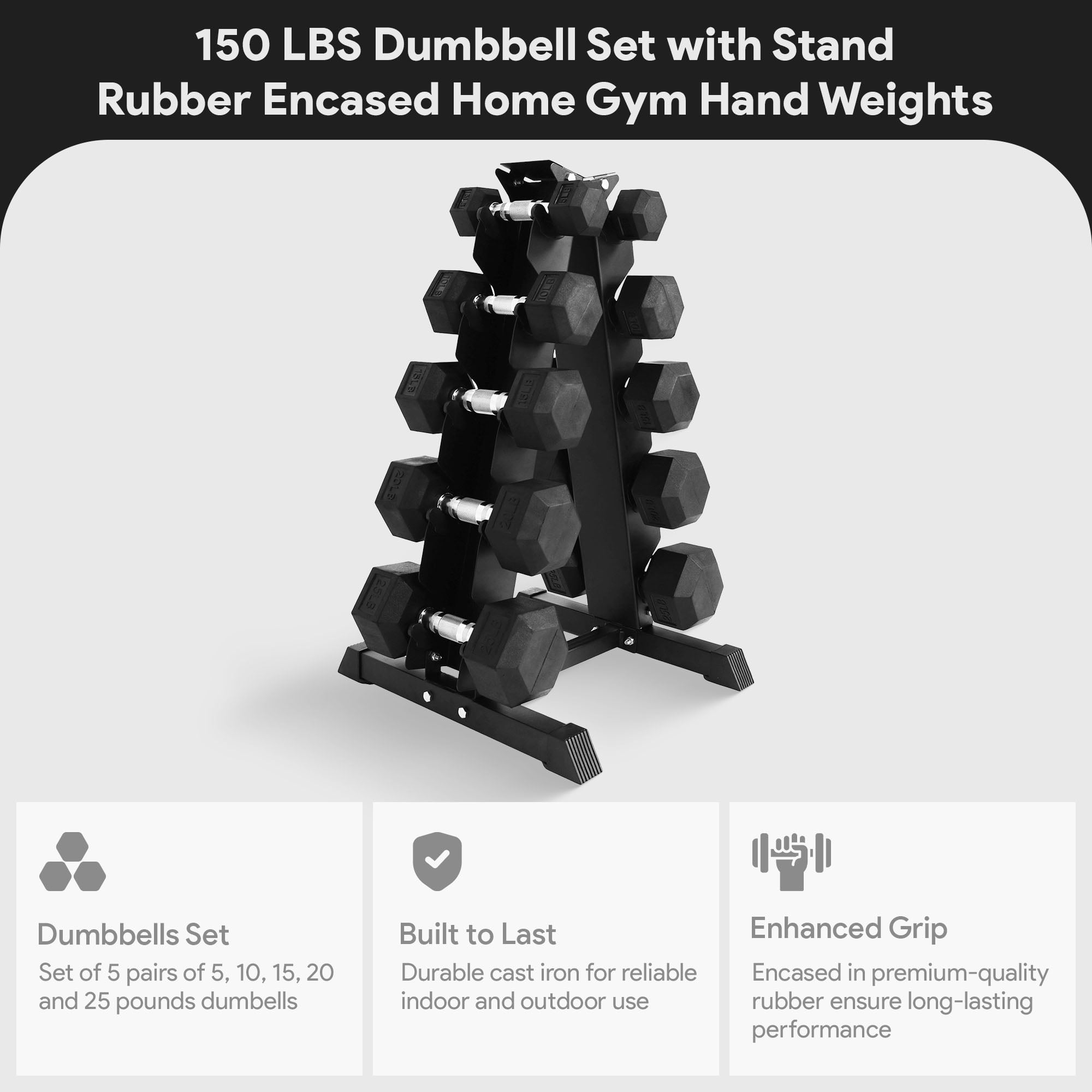 BalanceFrom 150 lb Rubber Coated Iron Dumbbell Hex Weights Set with A-Frame Rack, Black