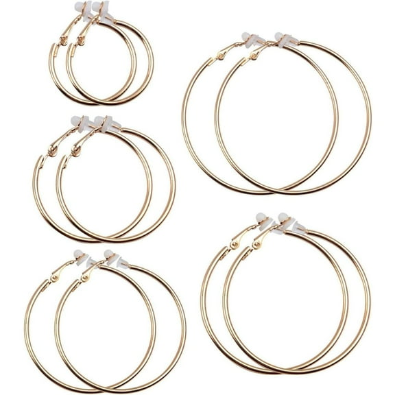 5 Pairs Gold Clip on Earrings Hoop Non Piercing Women Clip Earrings for Women, 5 Sizes