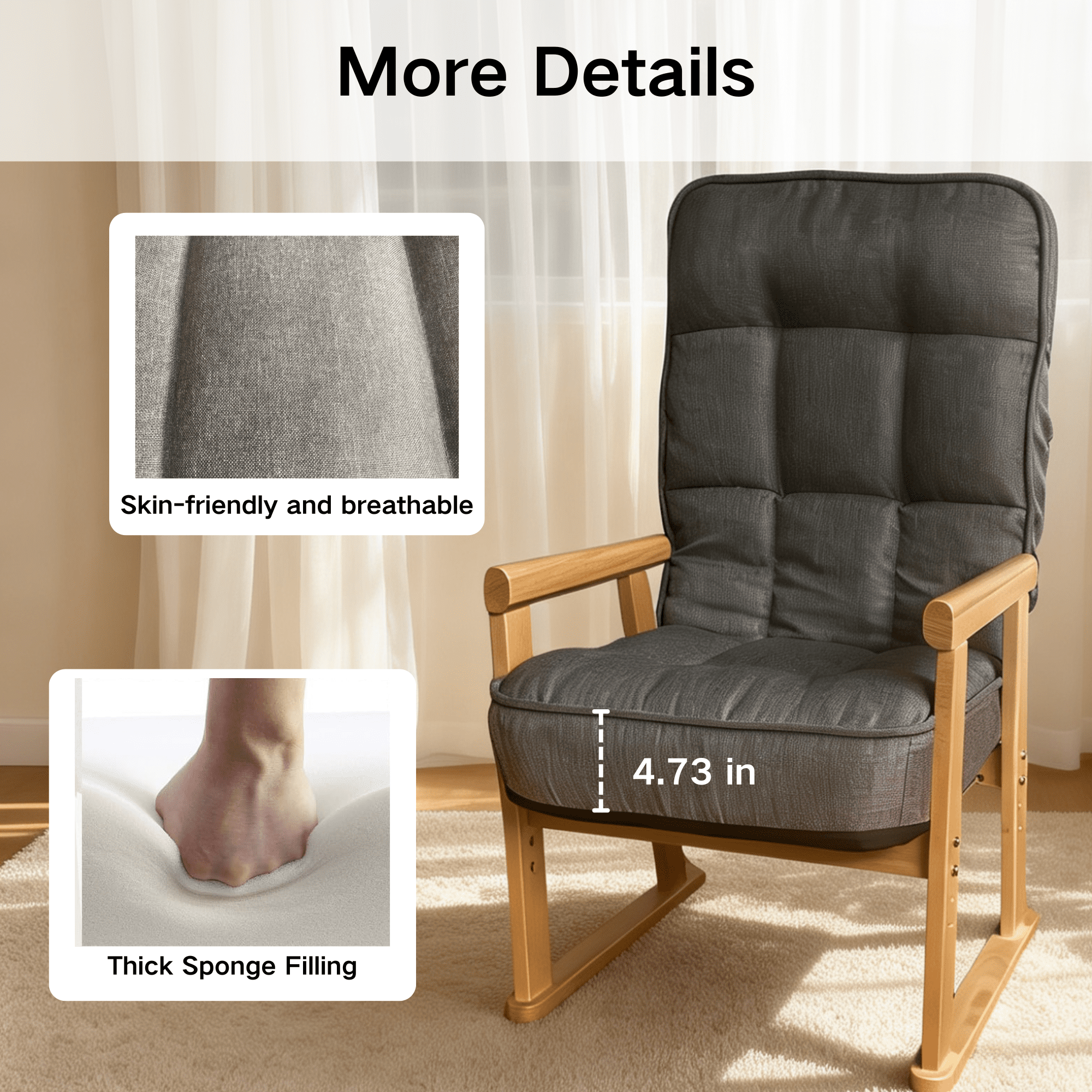 Leumius Modern Lounge Chair with Adjustable Seat Height and Three-Level Lumbar Angle Adjustment for Living Room, Bedroom, Study and Attic Gray