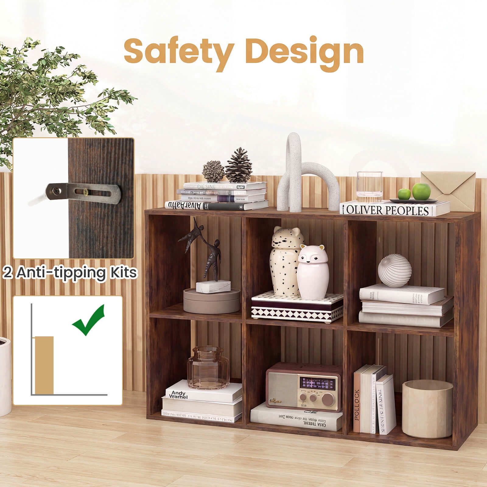 Costway 6-Cube Bookshelf, Modern Cubby Bookcase with Back Guardrail & Anti-tipping Kits Brown