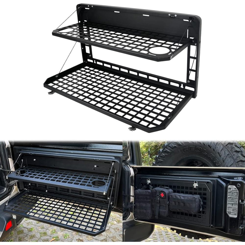 2-Tier Tailgate Table Rear Foldable Storage Cargo Rack Outdoor Camping Desk Fits for 2007-2022 Jeep Wrangler JK&JL 4 Door (Not Fit JK Models with Stock Subwoofer)
