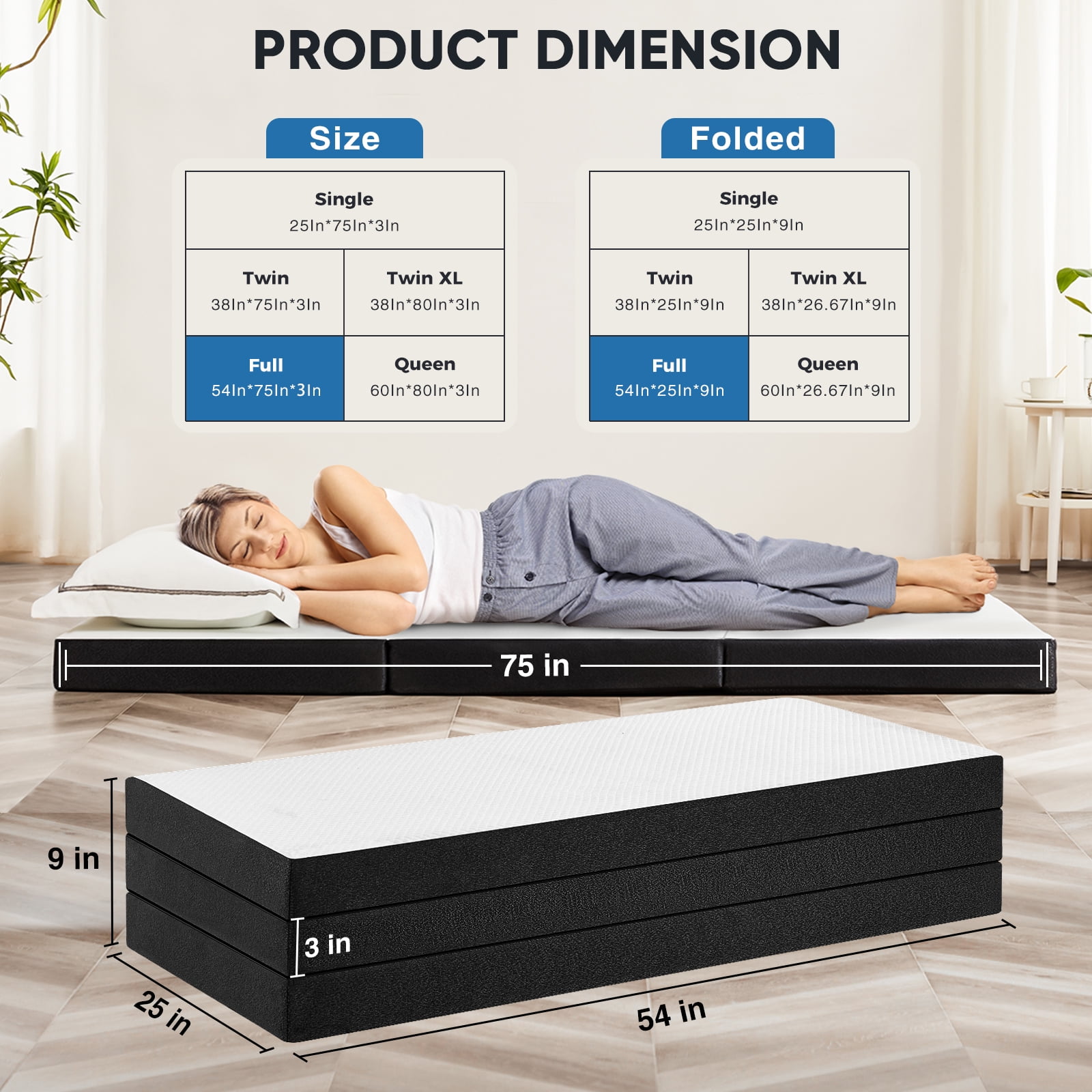 MAYEERTY 3" Tri-Fold Memory Foam Mattress Portable Foldable Non-Slip Floor Bed for Camping & Guest Use, Queen