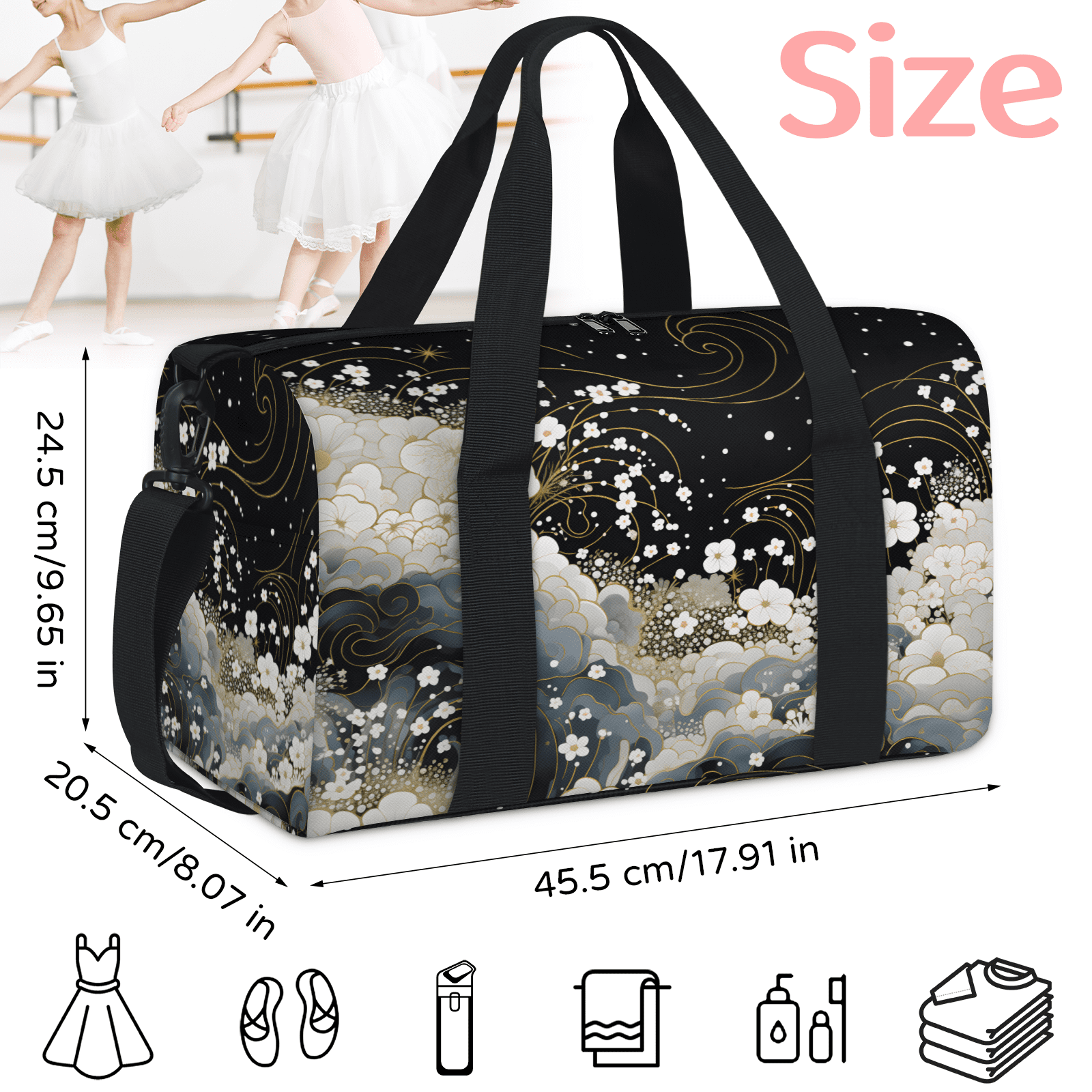 Herdesigns Floral Black White Gym Bag for Women, Duffle Bag for Travel Sport, Flowers Lightweight Waterproof Carry on Weekender Dance Yoga Workout Bags