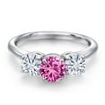 thumbnail image 3 of Gem Stone King 925 Sterling Silver Pink Created Sapphire and White Moissanite Engagement Ring for Women | 2.00 Cttw | Round 6MM | Gemstone September Birthstone | Size 9, 3 of 7