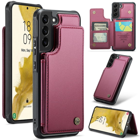 for Samsung Galaxy S22 Plus Premium PU Leather Back Case, Multiple Card Slots Design, Double Magnetic Clasp Study Kickstand RFID Blocking Classic Phone Cover for Samsung Galaxy S22 Plus, Winered