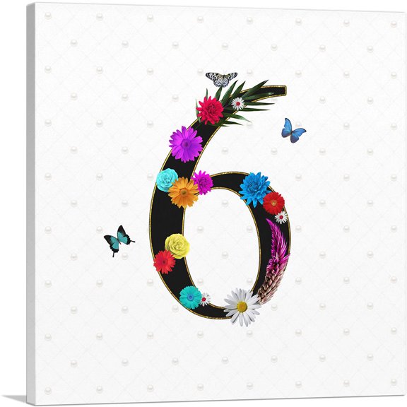 ARTCANVAS Flower Plant Butterfly Alphabet Number 6 Six Numeral Canvas Art Print - Size: 12" x 12" (0.75" Deep)