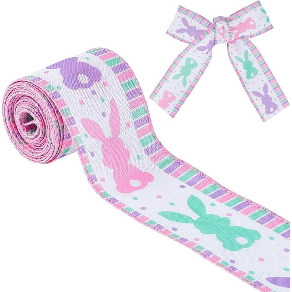 10 Yards Easter Theme Ribbon 2.5 Inch Bunny Wired Edge Ribbons Farmhouse Polyester Rabbit Dot Printed Decoration for Easter Wrapping Wreath Decor DIY Craft Hair Bows Baskets