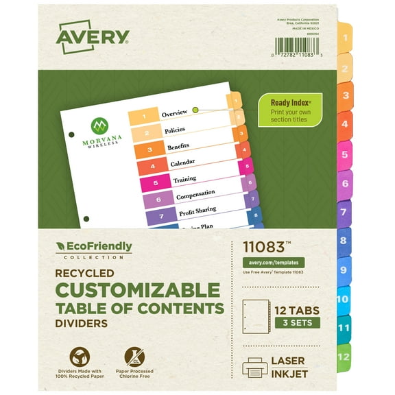 Avery EcoFriendly Recycled Dividers, 12 Tabs (3 Sets of 11083)