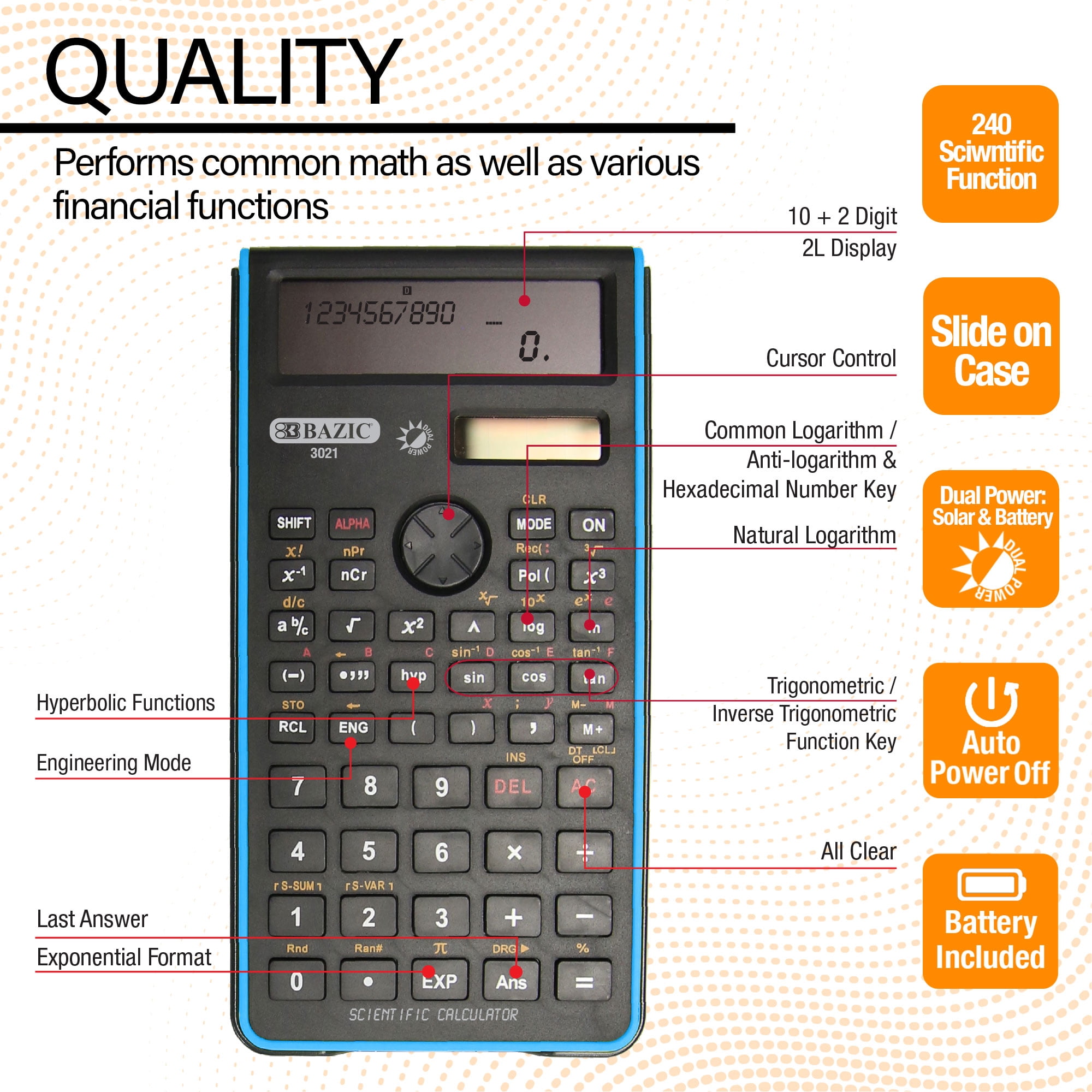 BAZIC Scientific Calculator 240 Function, Battery Solar, Slide-On Case, 12-Pack
