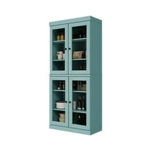 Palace Imports 100% Solid Wood Kitchen Pantry Storage Cabinet with Glass Doors and Adjustable Shelves, Aqua Blue