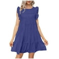 thumbnail image 2 of Pop Seller Women's Round Neck Casual Short Sleeve Ruffle-Trim Summer Mini Dresses Navy XL, 2 of 5