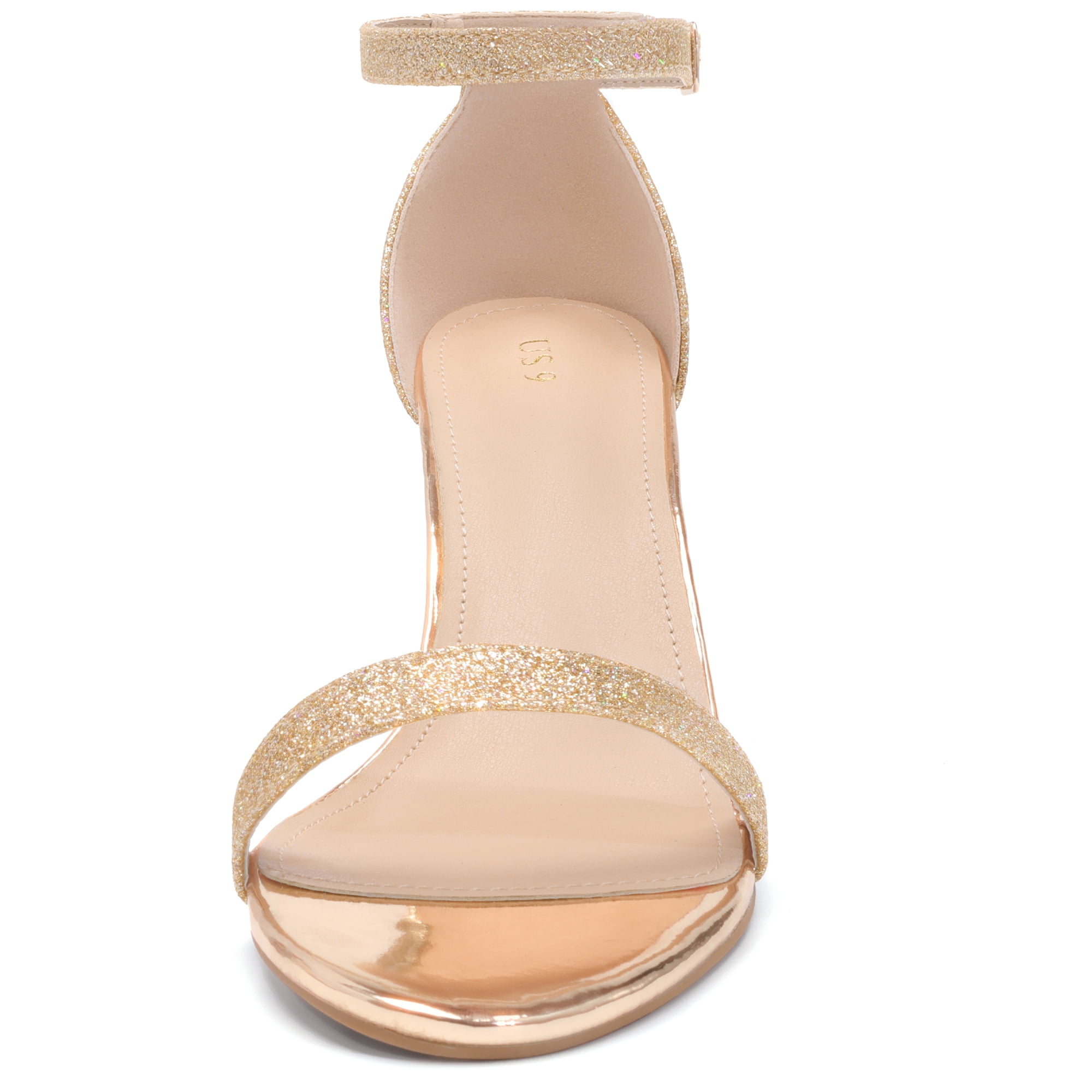 DARING DIVA Women's Ankle Strap Chunky Heels Glitter Vamp Open-Toe Sandals Gold 8.5