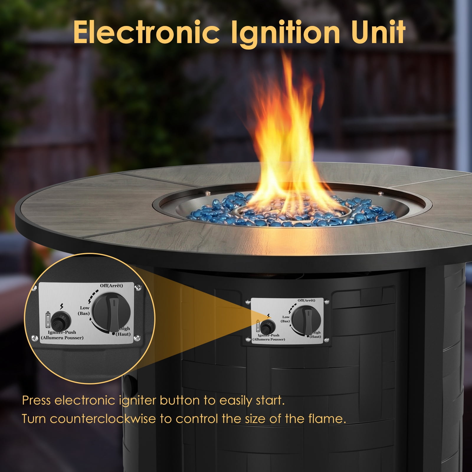 TLGREEN 42" Propane Fire Pit Table with Lid, 50,000 BTU Auto-Ignition Circular Gas Fire Pit for Outdoor, Includes Waterproof Cover & Blue Fire Glass (Gray)