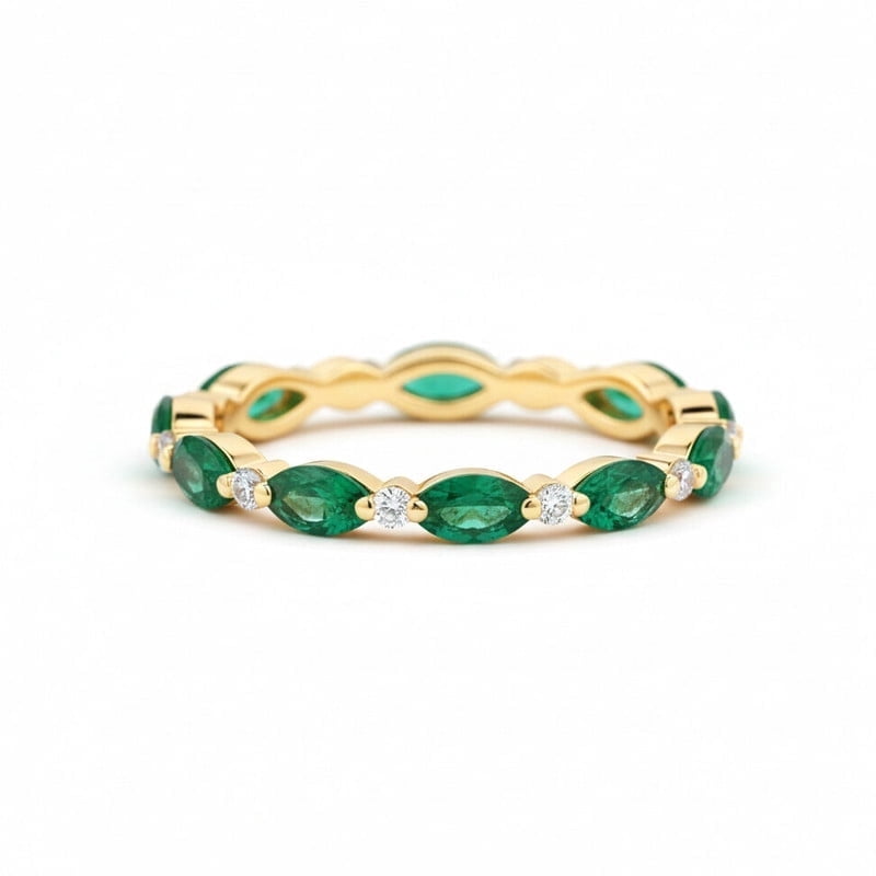 Marquise Cut Emerald & Diamond Full Eternity Ring, Engagement Alternative Ring, Diamond Promise Ring, Nature Inspired Ring, Stackable Handmade Jewelry