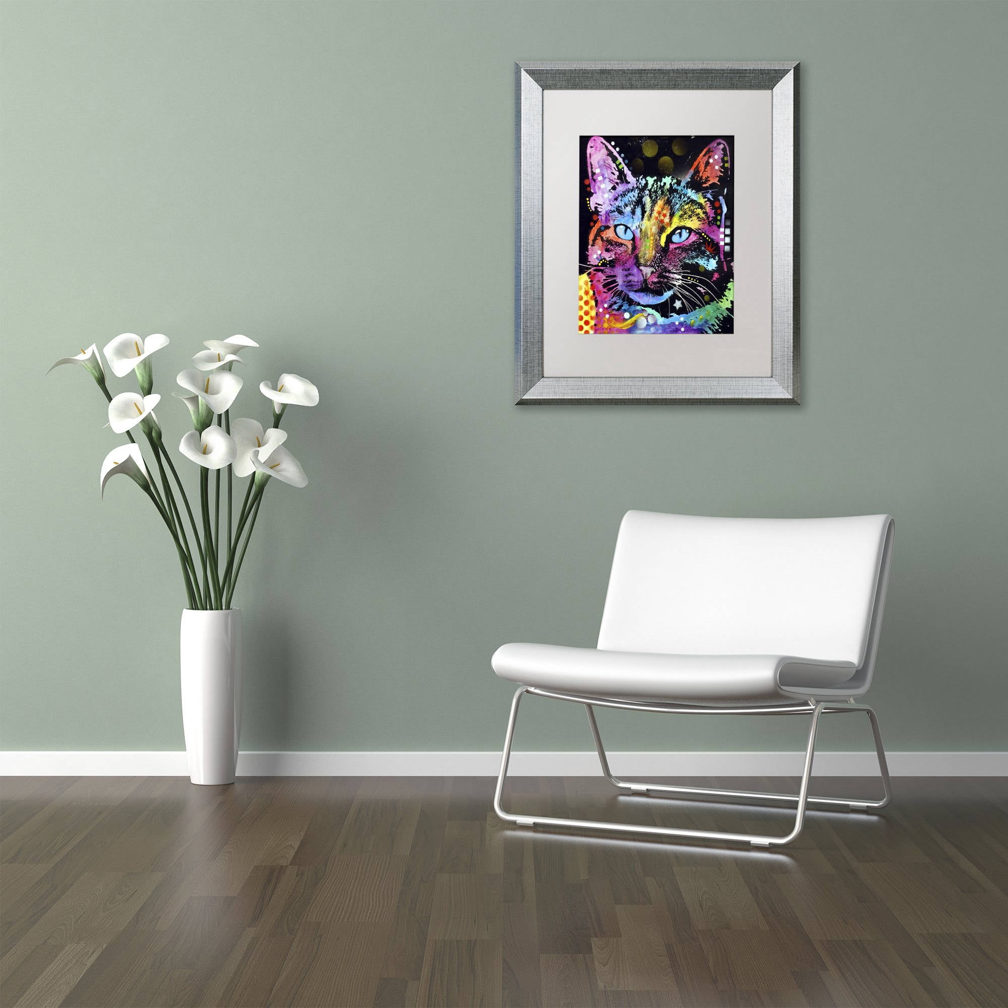 Trademark Fine Art "Thoughtful Cat" Canvas Art by Dean Russo, White Matte, Silver Frame