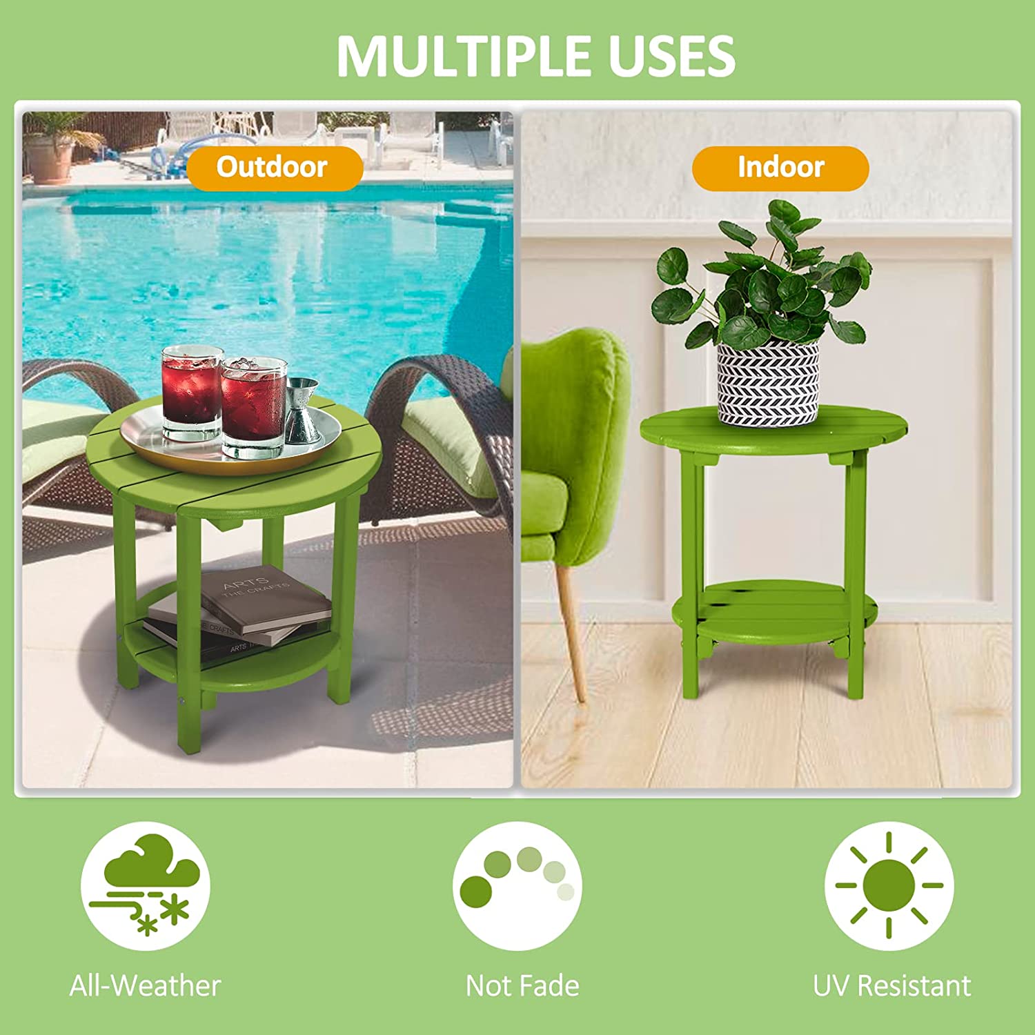 Nalone HDPE Adirondack Outdoor Side Table, Outdoor Coffee Table Double Layer With Shelf All Weather Use Patio Deck Table, Outside Coffee Side End Table, Lime
