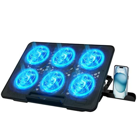 Atzeste Laptop Cooling Pad for Laptops, Laptop Cooler with 6 Quiet Cooling Fans for 12''-17.3'' Laptops, Height Wind Speed Adjustable Laptop Cooling Stand, 2 USB Ports and Phone Stand, Black