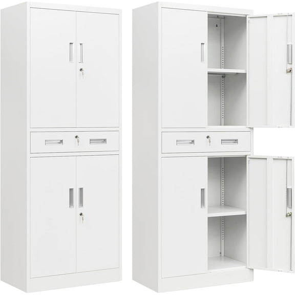 BESFUR Metal Cabinet, Garage Storage Cabinet with Drawer and Adjustable Shelves for Garage, Office, School - White