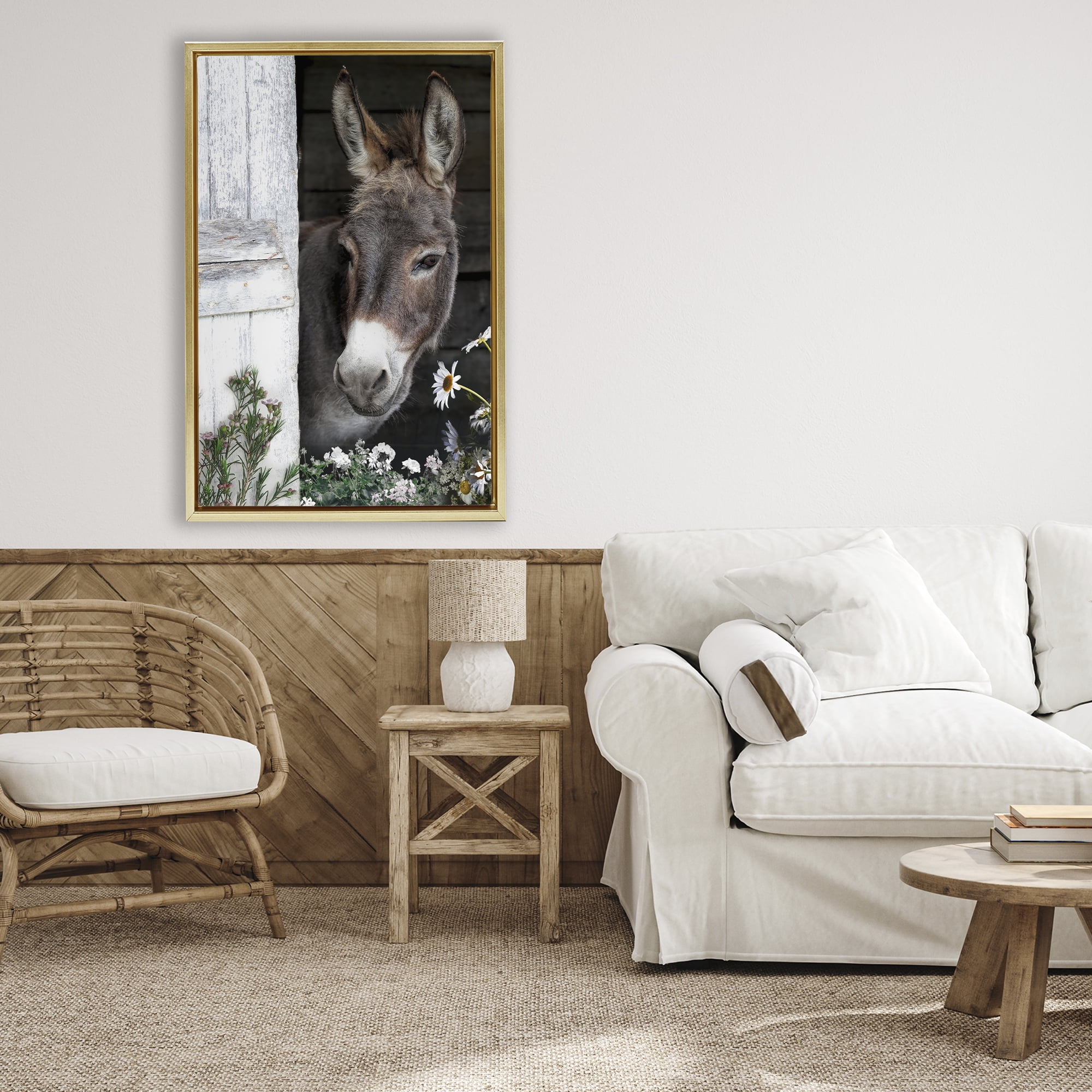 Stupell Industries Gentle Donkey Peering from Barn Gold Framed Floater Canvas Wall Art, design by CAD Designs