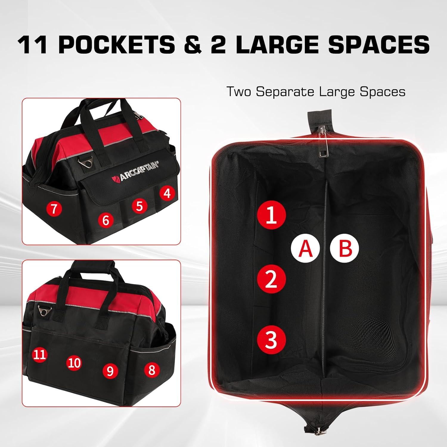Tool Bag, ARCCAPTAIN Heavy Duty Tool Bags, Waterproof Wide Mouth Tote Bag for Tool Organizer & Storage, with Adjustable Shoulder Strap, Black