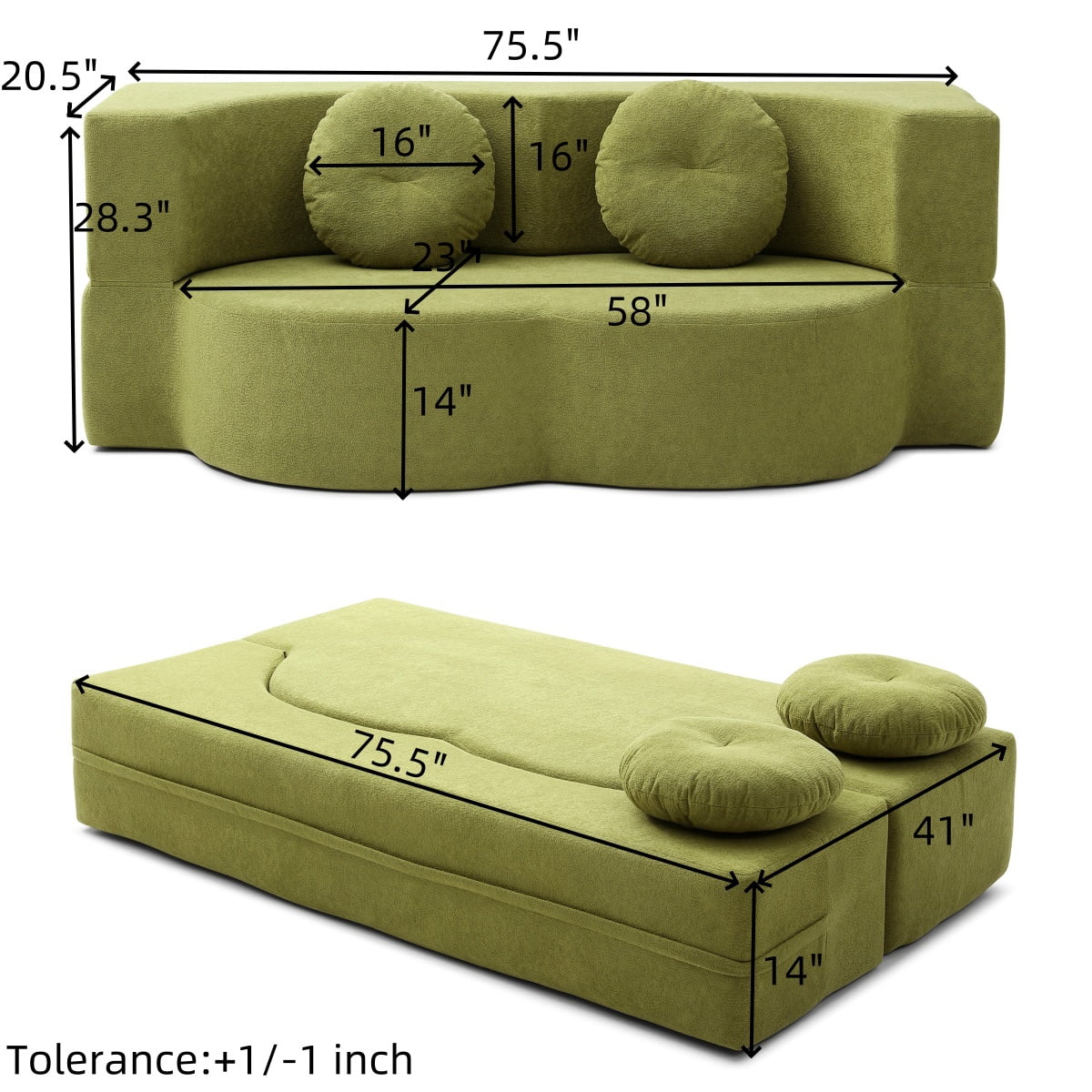 Leumius 2-in-1 Folding Sofa Bed with Pillow,Twin Sleeper Sofa,Floor & Futon Loveseat Couch,Foam Folding Mattress Sleeper for Living Room,Office,Apartment,Green