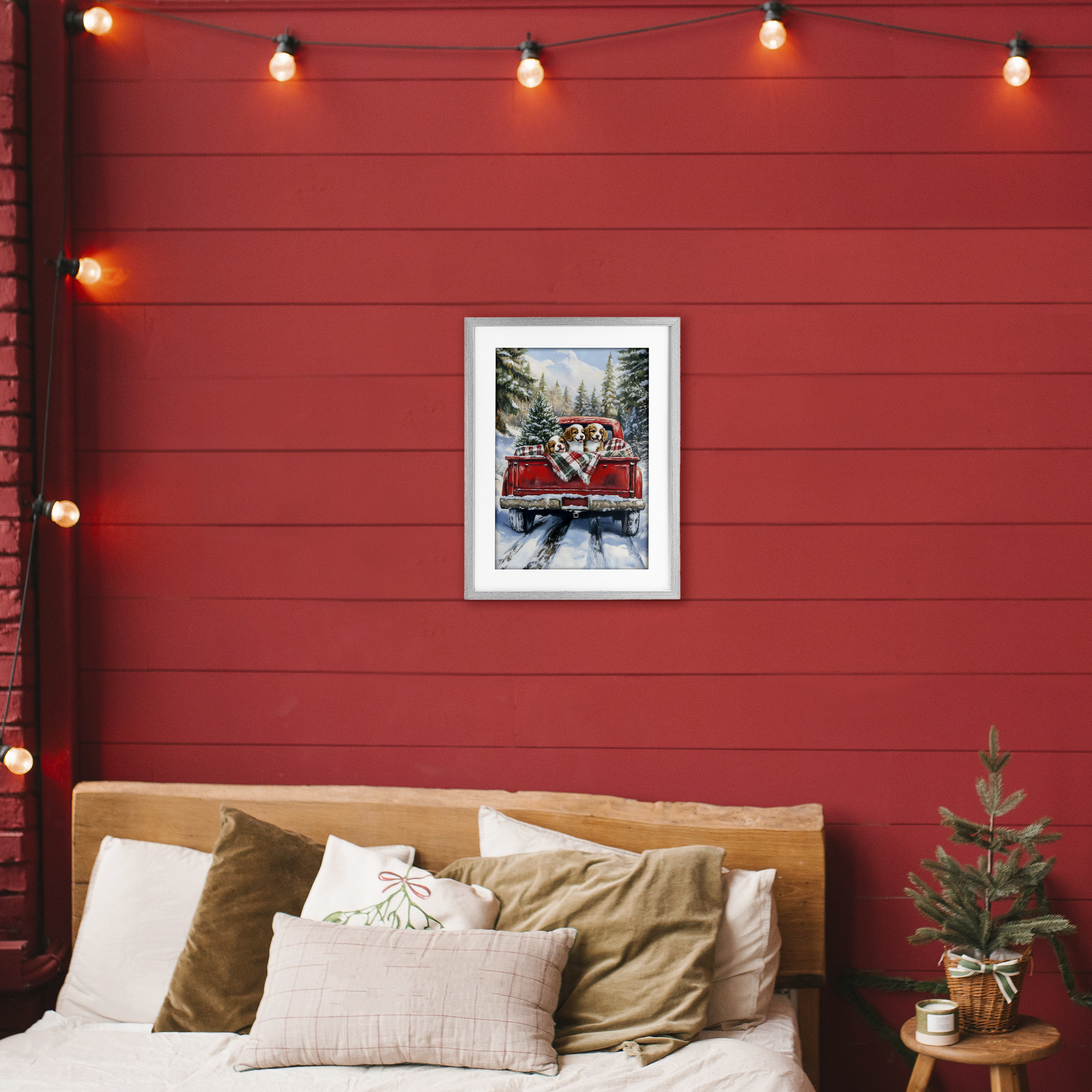 Christmas Truck Pups Trio Gray Framed Print Under Glass, design by Petal Prints Design