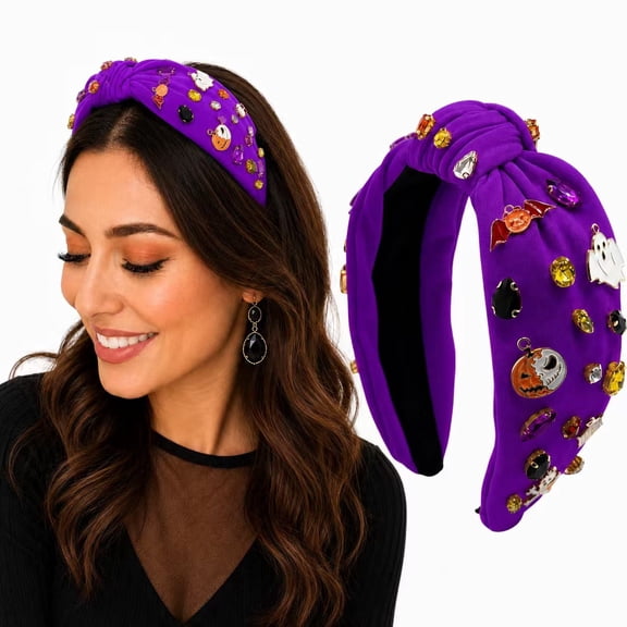 Purple Halloween Knot Headband for Women, Padded Hair Accessory with Sparkly Rhinestone Charms for Costume Party and Halloween Outfit