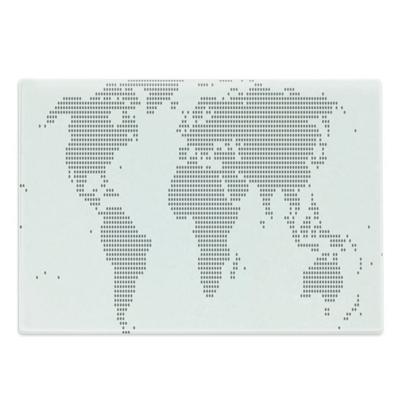 Map Cutting Board, World Map with Graphic Dots Pixelated Seem Spotted Continents Design Simple Modern, Decorative Tempered Glass Cutting and Serving Board, Large Size, Grey White, by Ambesonne