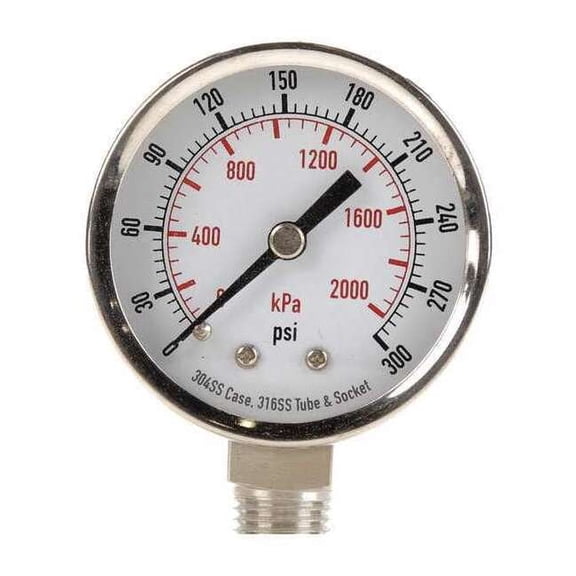 Commercial Pressure Gauge, 0 to 60 psi, 2 in Dial, 1/4 in NPT, Bottom Location