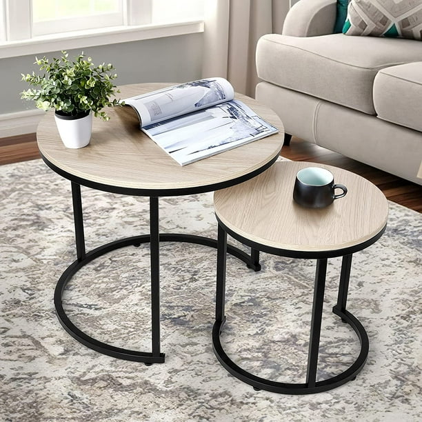 Amzdeal Modern Round Wood Nesting Coffee Tables For Living Room Set Of 2 Beige Com Round Wood Nesting Coffee Tables, Stylish Coffee Table Sets
