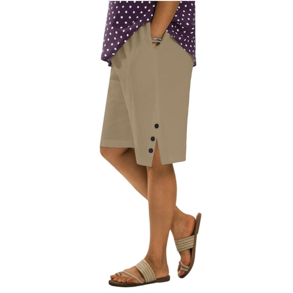 Yievot Plus Size Bermuda Shorts for Women Cotton Linen Knee Length Shorts Elastic Waisted Side Slit Button Summer Casual Beach Shorts with Pockets