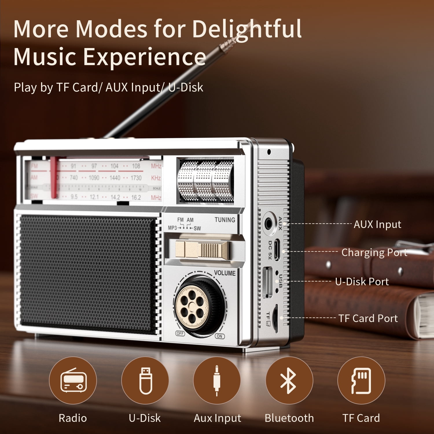 Portable AM FM SW Radio with Reception, Rechargeable & Solar Power, Big Speaker, Large Tuning Knob,Bluetooth, Earphone Jack for Gift, Elder, Home