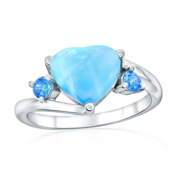Beaux Bijoux Sterling Silver Natural Larimar Ring - Natural Gemstone Jewelry - Heart Larimar & Round Blue Simulated Diamond CZ Ring for Women-6
