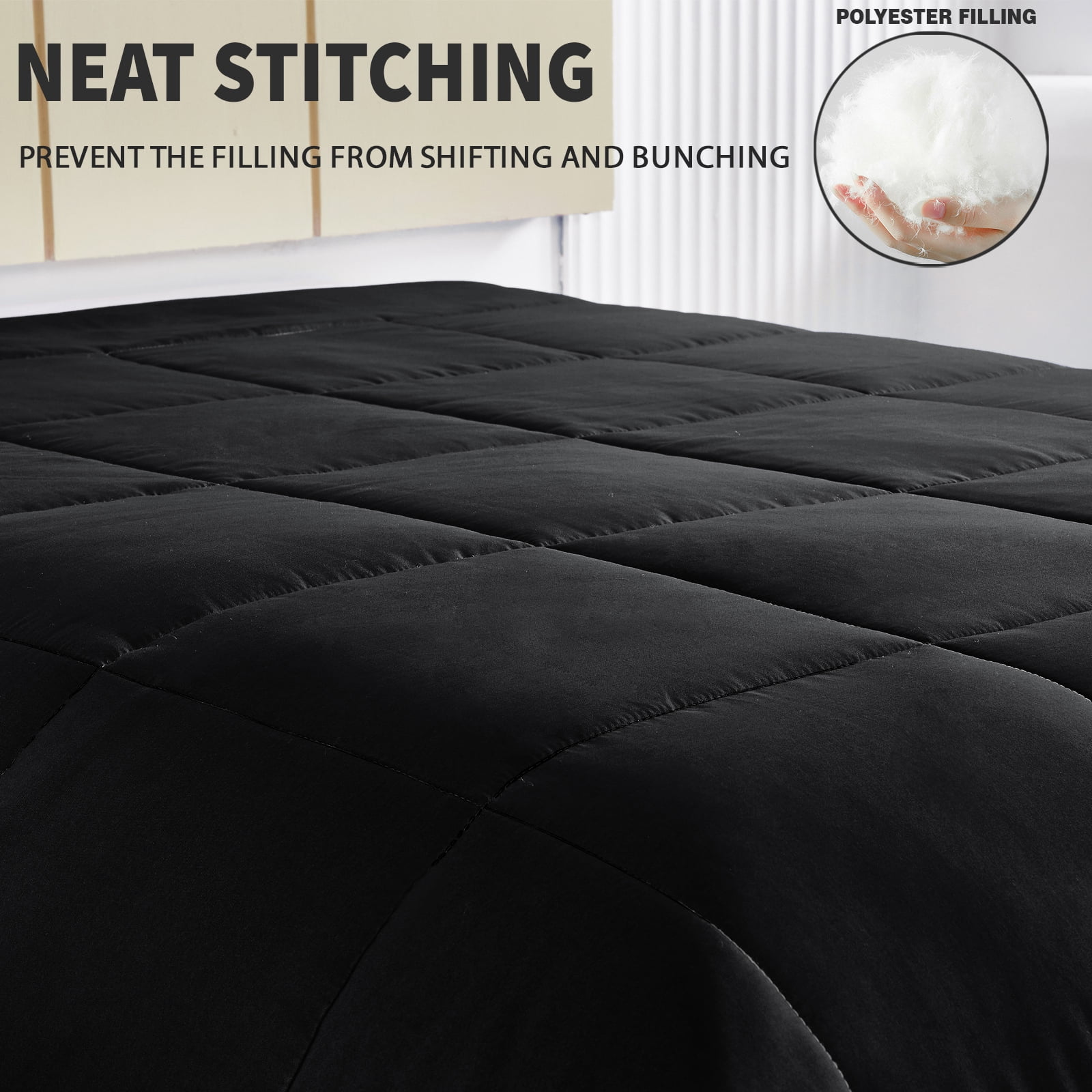 Exclusivo Mezcla Lightweight Reversible 3-Piece Comforter Set All Seasons, Down Alternative Comforter with 2 Pillow Shams, Queen Size, Black
