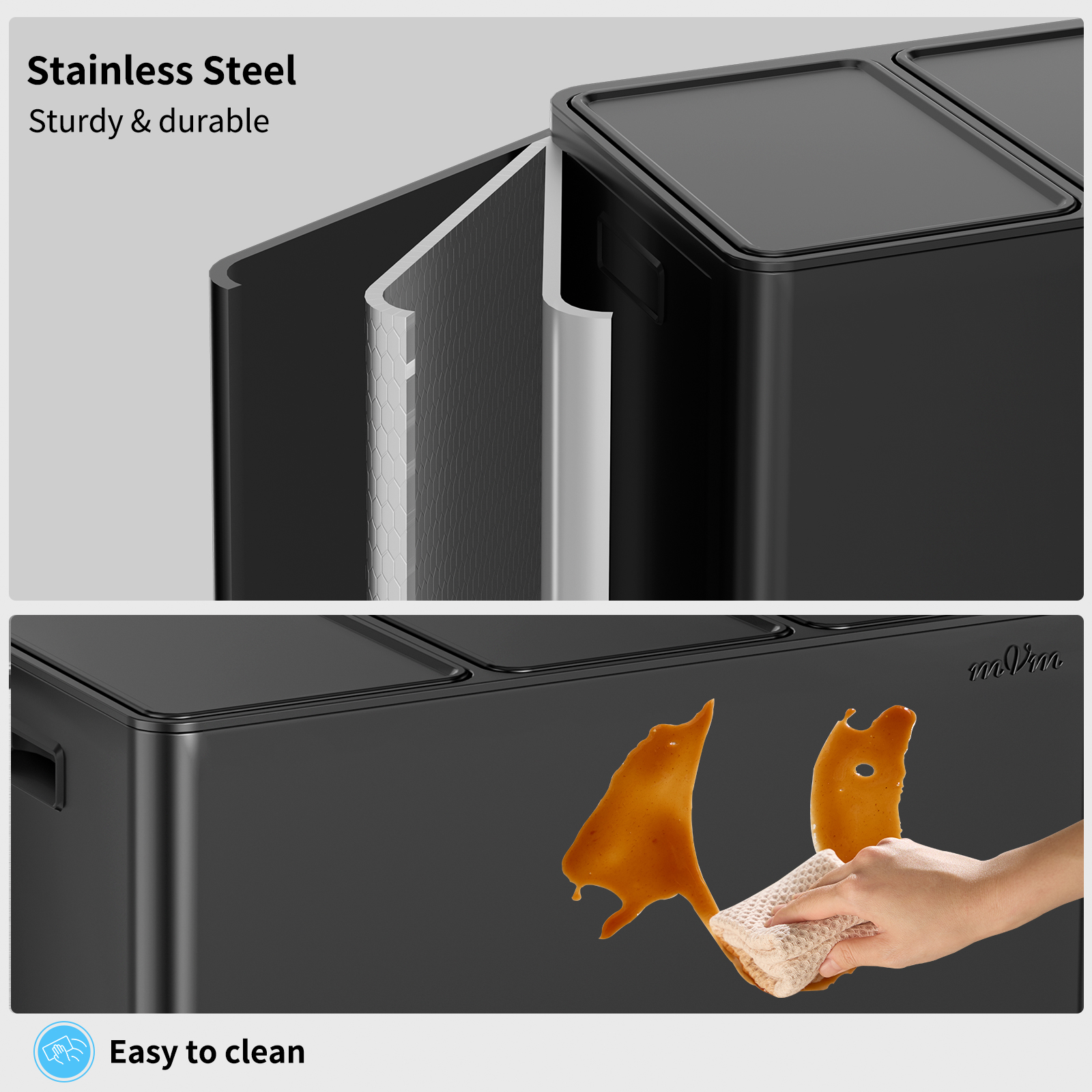 mVm 12 Gal/ 45L Stainless Steel 3 Compartment Trash Can, Triple Garbage Can（Black）