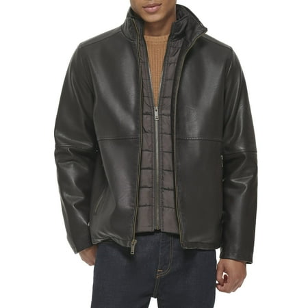 Men's Dockers Faux Leather Jacket with Quilted Bib Color: Dark Brown Size: XL