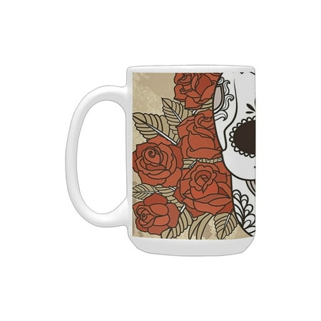 

Skull Skeleton Deathly Head with Floral Roses Leaves Image Artwork Black White Cocoa and Cinnamon Ceramic Mug (15 OZ) (Made In USA)