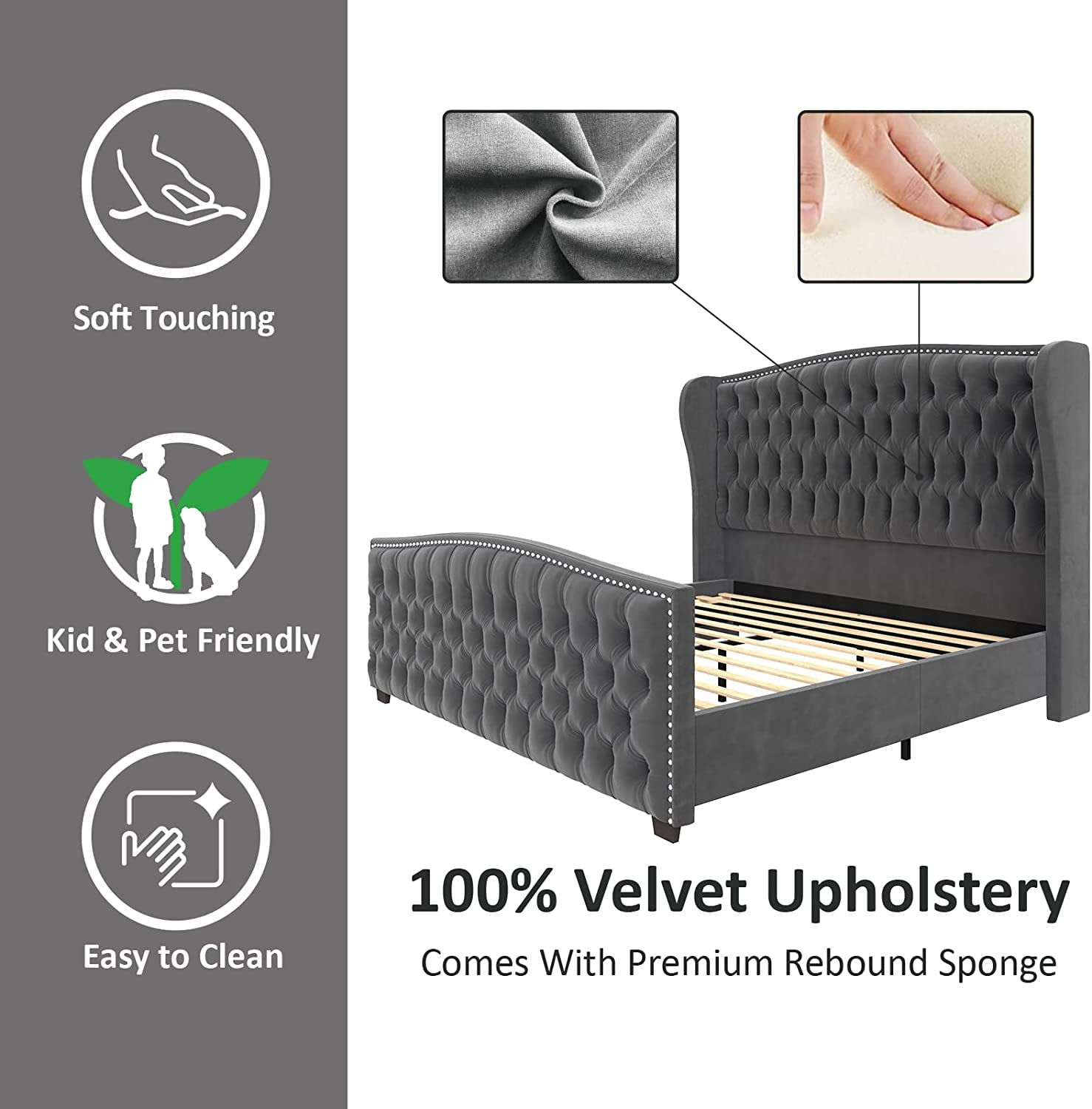 Amerlife Queen Bed Frame with Velvet Upholstery, Tufted Wingback Headboard and Nailhead Trim, Grey
