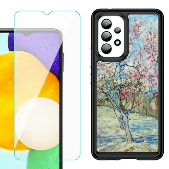 Shockproof Bumper (Black Frame) phone Case for Samsung Galaxy A23 5G, with Tempered Glass Screen Protector, by OneToughShield ® - Blossom Tree