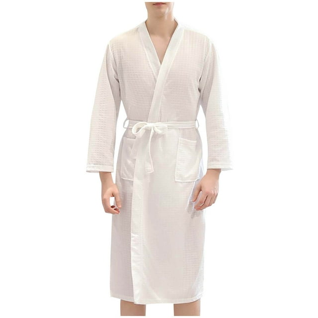 Wo-Fusoul Men's Waffle Knit Robe, Quick Dry Bathrobe for Home and Spa, Long Sleeve Lounge Robe with Pocket and Adjustable Tie