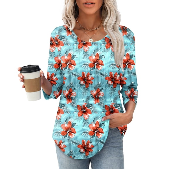 SOOMLON Womens 3/4 Sleeve T Shirts Petite Tunic Cotton Pleated Tops Casual Crew Neck Shirts Funny Flowers Graphic T Shirts 2025 Trendy Spring Summer Ladies Tops Loose Fit Basic Outfits Pullover XL