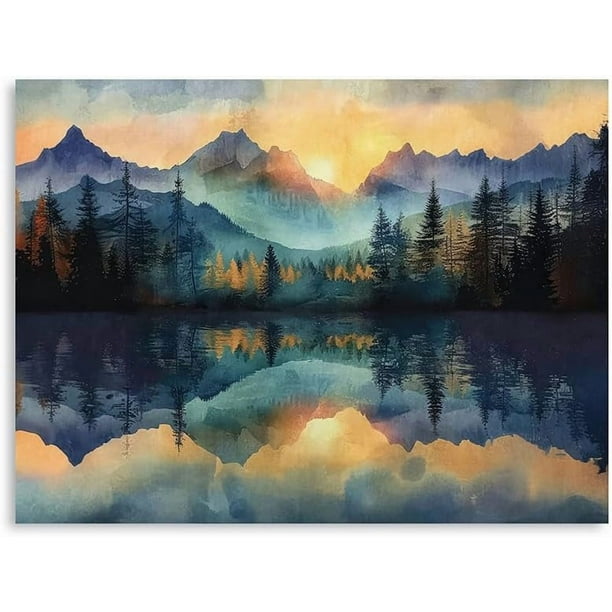 Imagen de fondo decorativo mural con montañas azules al agua y atardecer dorado, impresión de cartel paisajístico, adecuado para oficinas y dormitorios, tamaño en marco pequeño